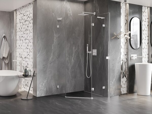 Mexen Lunar, L pravý výklopný pětiúhelníkový sprchový kout 80 x 80 cm, 8mm čiré sklo, bílý profil, 831L-080P-080L-20-00-P