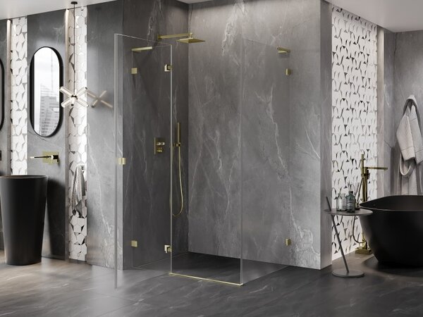 Mexen Lunar L, sklápěcí sprchový kout levý 70 x 90 cm, 8mm čiré sklo, zlatý matný profil, 834L-070-090-55-00-L