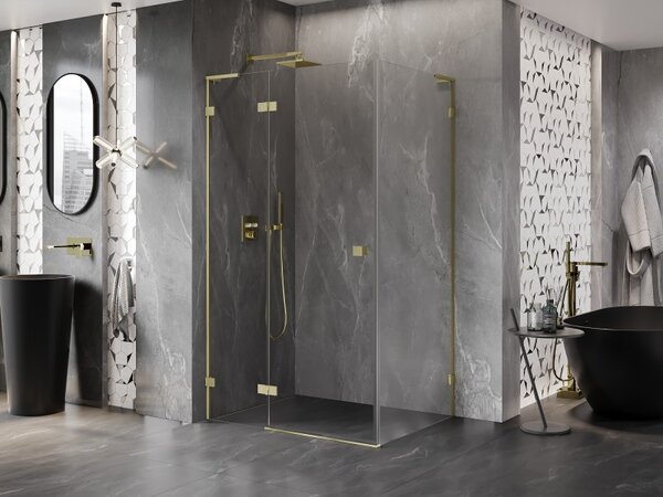 Mexen Lunar L, sklápěcí sprchový kout levý 70 x 90 cm, 8mm čiré sklo, zlatý matný profil, 834L-070-090-55-00-L