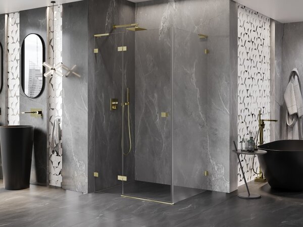 Mexen Lunar L, sklápěcí sprchový kout levý 70 x 90 cm, 8mm čiré sklo, zlatý matný profil, 834L-070-090-55-00-L