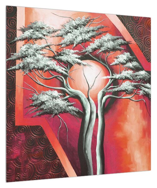 Orientální červený obraz stromu a slunce (50x50 cm)
