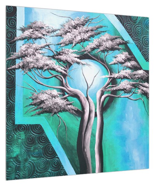 Orientální modrý obraz stromu a slunce (50x50 cm)