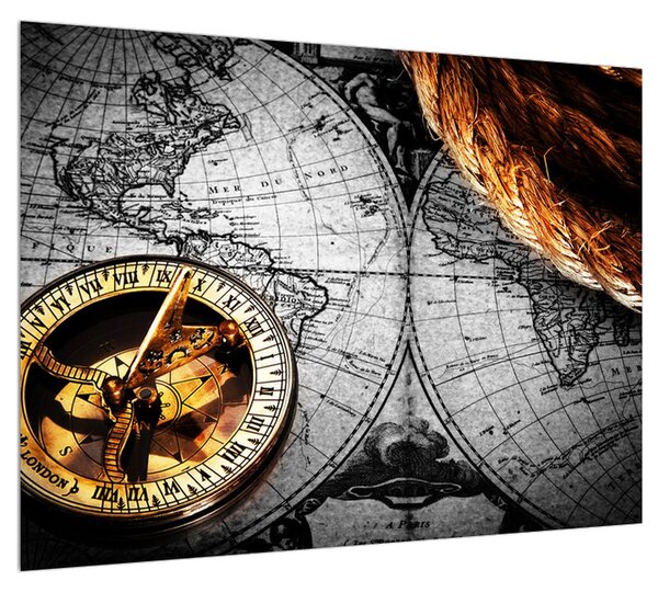 Historický obraz mapy světa a kompasu (70x50 cm)