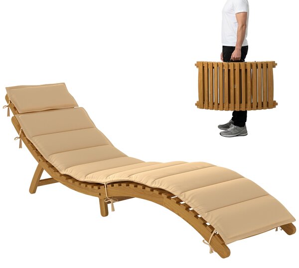 Outsunny skládací dřevěné zahradní lehátko z akácie s polštářem a opěrkou hlavy, integrované madlo — béžové, 183 × 54 × 63 cm, nosnost 120 kg | Aosom