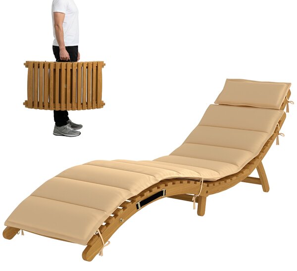 Outsunny skládací dřevěné zahradní lehátko z akácie s polštářem a opěrkou hlavy, integrované madlo — béžové, 183 × 54 × 63 cm, nosnost 120 kg | Aosom