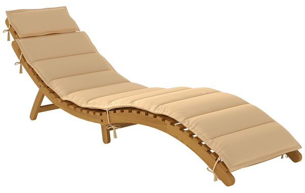 Outsunny skládací dřevěné zahradní lehátko z akácie s polštářem a opěrkou hlavy, integrované madlo — béžové, 183 × 54 × 63 cm, nosnost 120 kg | Aosom