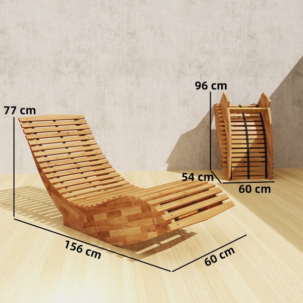 Outsunny skládací lehátko z akáciového dřeva — ergonomické S-profilové laťkové provedení, skládací houpací denní lůžko do zahrady, na balkón a terasu
