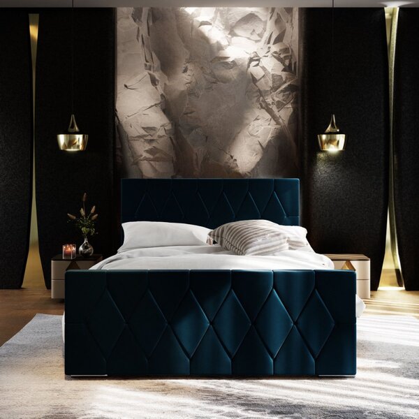 Čalouněná postel s úložným prostorem a roštem THEODORA - 90x200, tmavě modrá