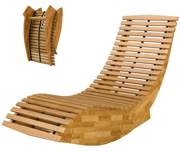 Outsunny skládací lehátko z akáciového dřeva — ergonomické S-profilové laťkové provedení, skládací houpací denní lůžko do zahrady, na balkón a terasu