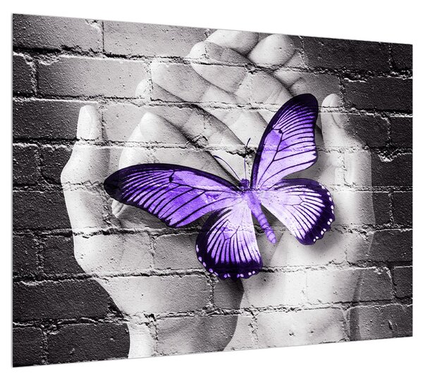 Moderní obraz dlaní s motýlem (70x50 cm)