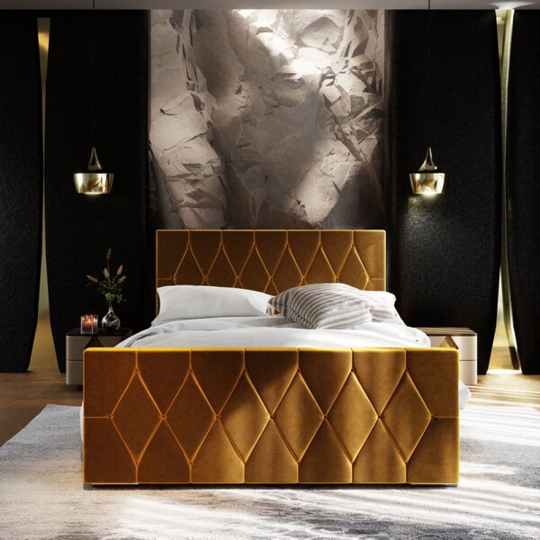 Čalouněná postel s úložným prostorem a roštem THEODORA - 90x200, hořčicová