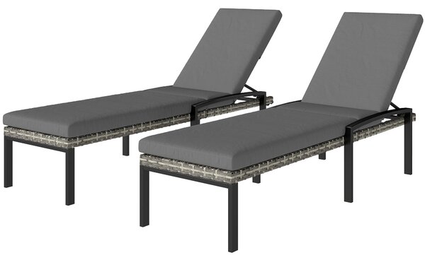 Outsunny sada 2 ratanových lehátek s 5 polohami, snímatelné polštáře, odolné proti počasí — nosnost 120 kg, zahrada/bazén/pláž, světle šedé | Aosom