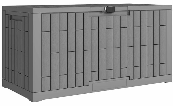 Outsunny 379 l uzamykatelný venkovní úložný box s plynovým pístem — dřevěný vzhled odolný proti UV, kávově hnědý, 122,5 × 56 × 62 cm | Aosom