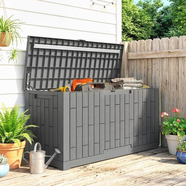 Outsunny 379 l uzamykatelný venkovní úložný box s plynovým pístem — dřevěný vzhled odolný proti UV, kávově hnědý, 122,5 × 56 × 62 cm | Aosom