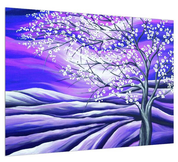 Fialový obraz rozkvetlého stromu (70x50 cm)