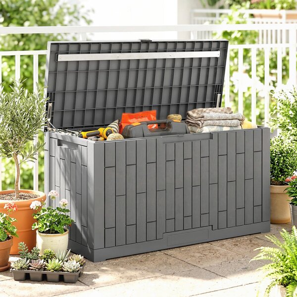 Outsunny 379 l uzamykatelný venkovní úložný box s plynovým pístem — dřevěný vzhled odolný proti UV, kávově hnědý, 122,5 × 56 × 62 cm | Aosom