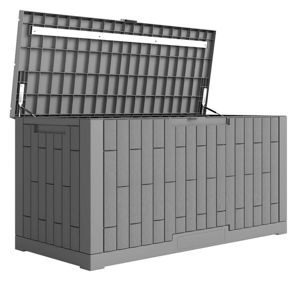 Outsunny 379 l uzamykatelný venkovní úložný box s plynovým pístem — dřevěný vzhled odolný proti UV, kávově hnědý, 122,5 × 56 × 62 cm | Aosom