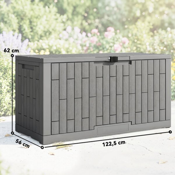 Outsunny 379 l uzamykatelný venkovní úložný box s plynovým pístem — dřevěný vzhled odolný proti UV, kávově hnědý, 122,5 × 56 × 62 cm | Aosom