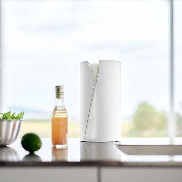 YAMAZAKI Bílý kovový držák na roli kuchyňských utěrek Tower 30 cm