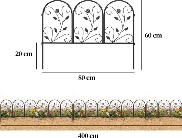 Outsunny kovový zahradní plot, panely 80 x 60 cm (celkem 4,0 m) – dekorativní obloukový panel, černý | Aosom