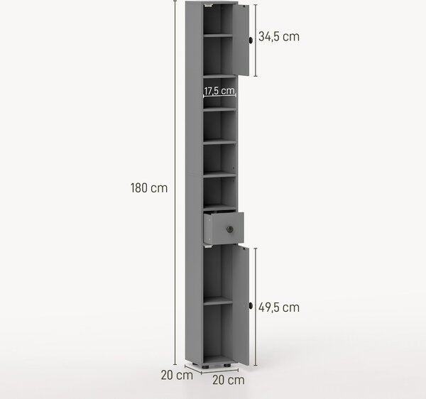 Kleankin úzká vysoká koupelnová skříňka s šuplíkem a 4 otevřenými policemi, šedá (20 × 20 × 180 cm) | Aosom