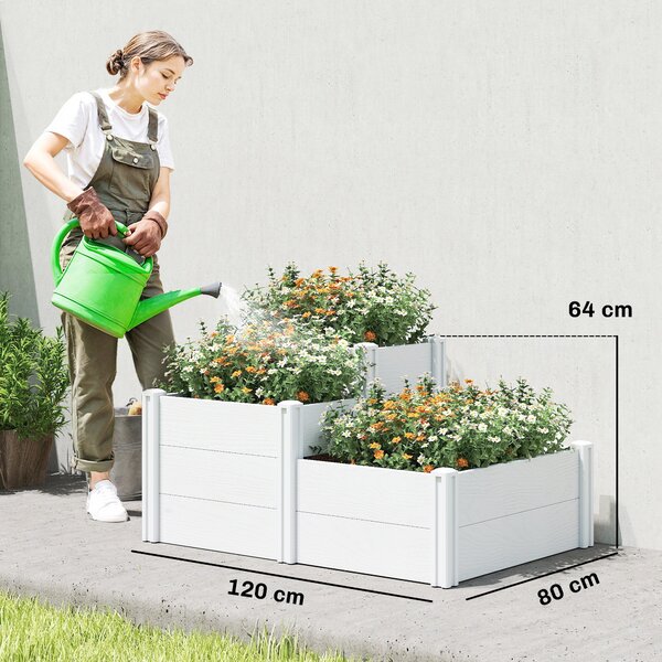 Outsunny 3patrový stohovatelný vyvýšený záhon s otevřeným dnem – modulární vinylový truhlík pro zahradu a balkon, 120 x 80 x 64 cm, bílý | Aosom