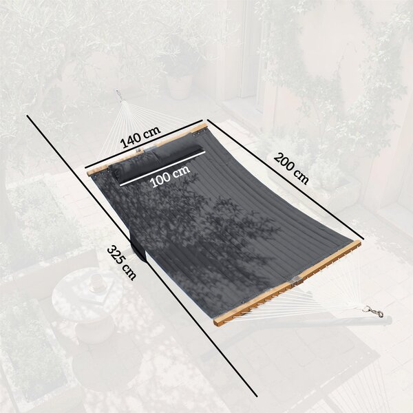 Outsunny prošívaná dvoumístná venkovní houpací síť s opěrkou hlavy, kapsou na časopisy a rozepřením z buku, 200 × 140 cm — šedá | Aosom