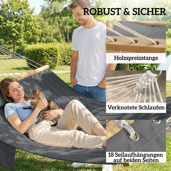 Outsunny prošívaná dvoumístná venkovní houpací síť s opěrkou hlavy, kapsou na časopisy a rozepřením z buku, 200 × 140 cm — šedá | Aosom