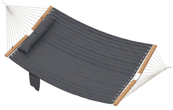 Outsunny prošívaná dvoumístná venkovní houpací síť s opěrkou hlavy, kapsou na časopisy a rozepřením z buku, 200 × 140 cm — šedá | Aosom