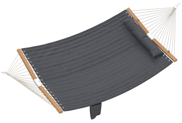 Outsunny prošívaná dvoumístná venkovní houpací síť s opěrkou hlavy, kapsou na časopisy a rozepřením z buku, 200 × 140 cm — šedá | Aosom