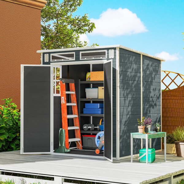 Outsunny zahradní domek 182 × 182 cm, plast s efektem dřeva, s podlahou, 3 okny, zamykací dveře a větráním, šedý | Aosom