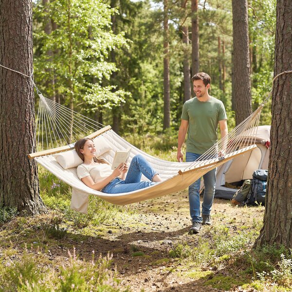 Outsunny venkovní houpací síť 200 x 140 cm — prošívaná dvouvrstvá s opěrkou hlavy a kapsou na časopis, krémově bílá | Aosom
