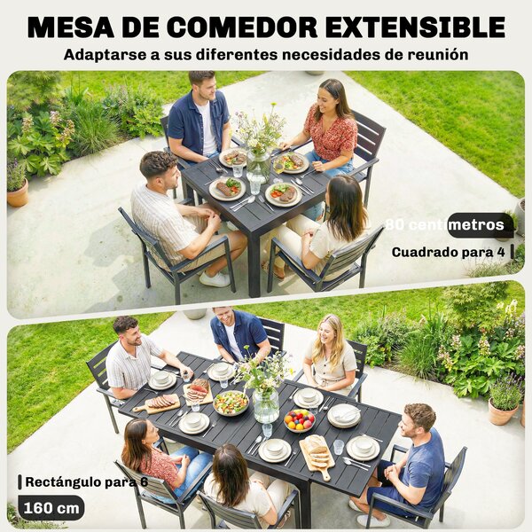 Outsunny rozkládací zahradní jídelní stůl, 80–160 cm, lamelový hliníkový povrch, nosnost 70 kg, 4–6 osob, černý | Aosom