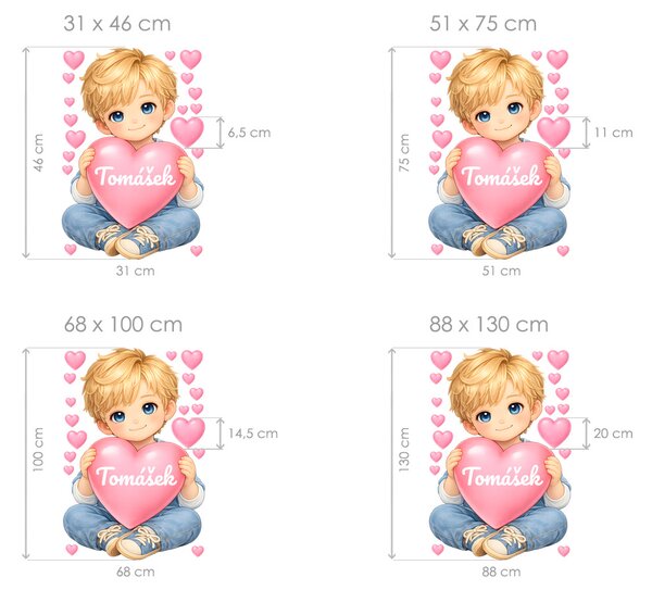 Blond chlapeček se srdíčkem a jménem textilní přelepitelné samolepky na zeď arch 31 x 46 cm