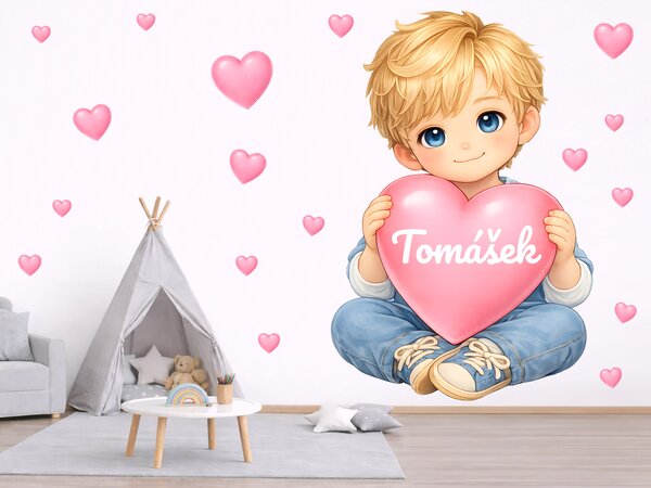 Blond chlapeček se srdíčkem a jménem textilní přelepitelné samolepky na zeď arch 31 x 46 cm