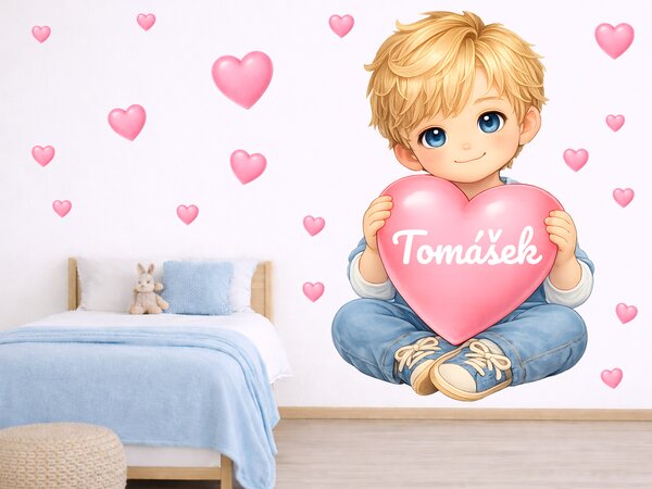 Blond chlapeček se srdíčkem a jménem textilní přelepitelné samolepky na zeď arch 31 x 46 cm