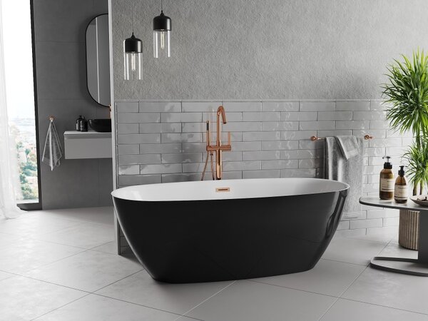 Mexen Luvo Slim, volně stojící vana 170 × 75 cm, bílá-černá, růžové zlato přepad, 52801707575-60