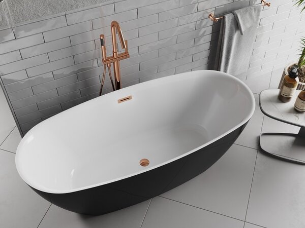 Mexen Luvo Slim, volně stojící vana 170 × 75 cm, bílá-černá, růžové zlato přepad, 52801707575-60