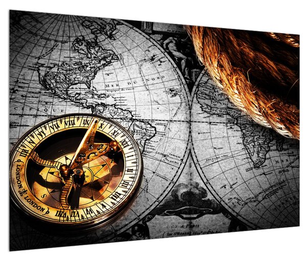 Historický obraz mapy světa a kompasu (90x60 cm)