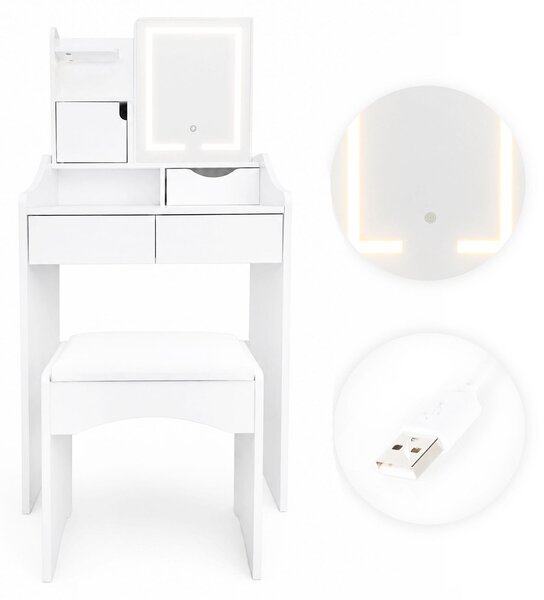 Kosmetický toaletní stolek se zrcadlem a LED osvětlením 3 barvy police zásuvky taburet ModernHome