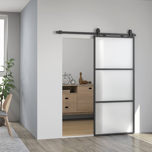 HOMCOM Posuvné Dveře s Hardwarem - Skleněné Posuvné Dveře s Mechanismem Tichého Zavírání pro Koupelnu, Obývací Pokoj a Kuchyni 91,4x203,2 cm Černé | A