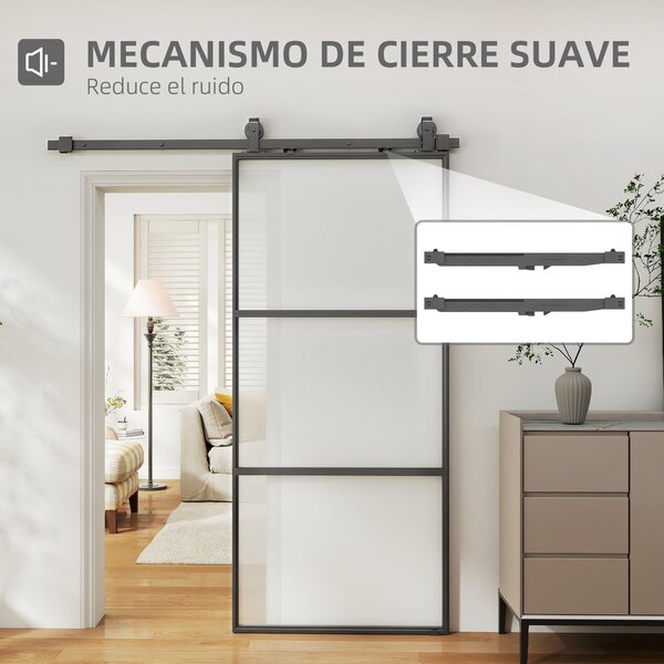 HOMCOM Posuvné Dveře s Hardwarem - Skleněné Posuvné Dveře s Mechanismem Tichého Zavírání pro Koupelnu, Obývací Pokoj a Kuchyni 91,4x203,2 cm Černé | A