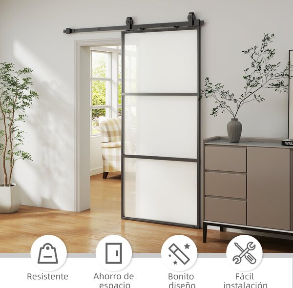 HOMCOM Posuvné Dveře s Hardwarem - Skleněné Posuvné Dveře s Mechanismem Tichého Zavírání pro Koupelnu, Obývací Pokoj a Kuchyni 91,4x203,2 cm Černé | A