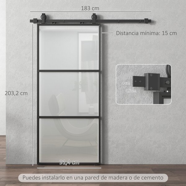 HOMCOM Posuvné Dveře s Hardwarem - Skleněné Posuvné Dveře s Mechanismem Tichého Zavírání pro Koupelnu, Obývací Pokoj a Kuchyni 91,4x203,2 cm Černé | A