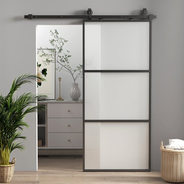 HOMCOM Posuvné Dveře s Hardwarem - Skleněné Posuvné Dveře s Mechanismem Tichého Zavírání pro Koupelnu, Obývací Pokoj a Kuchyni 91,4x203,2 cm Černé | A