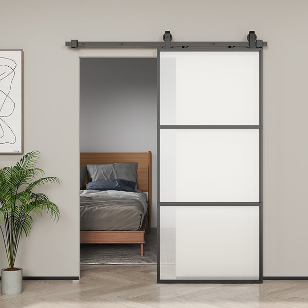 HOMCOM Posuvné Dveře s Hardwarem - Skleněné Posuvné Dveře s Mechanismem Tichého Zavírání pro Koupelnu, Obývací Pokoj a Kuchyni 91,4x203,2 cm Černé | A
