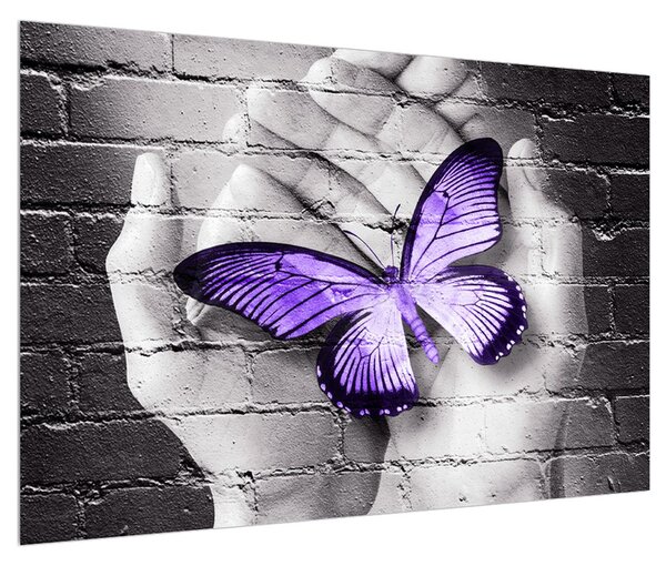Moderní obraz dlaní s motýlem (90x60 cm)