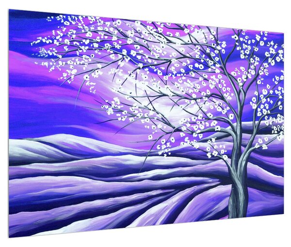 Fialový obraz rozkvetlého stromu (90x60 cm)
