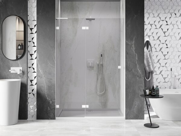 Mexen Lunar L, levé otočné sprchové dveře 130 cm, 8mm čiré sklo, bílý profil, 834L-130-000-20-00-L