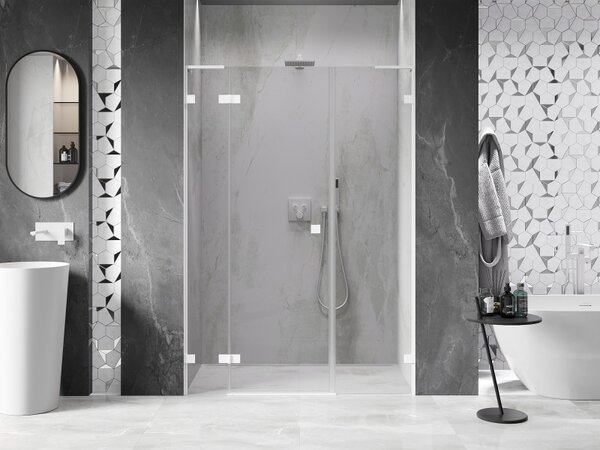 Mexen Lunar L, levé otočné sprchové dveře 135 cm, 8mm čiré sklo, bílý profil, 834SL-135-050-20-00-L